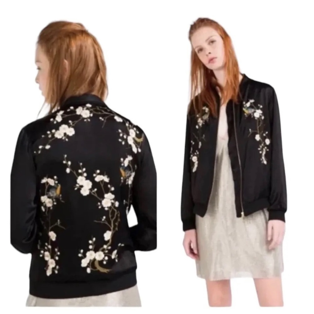 ZARA Black Floral Embroidered Full Zip Satin Bomber Jacket Size Small